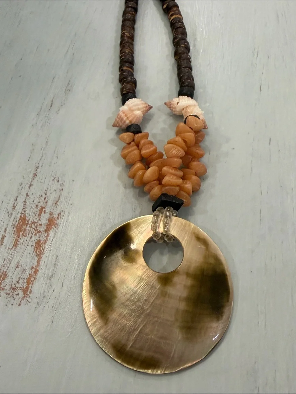 Shell Pendant Beaded Necklace in Tan and Brown
